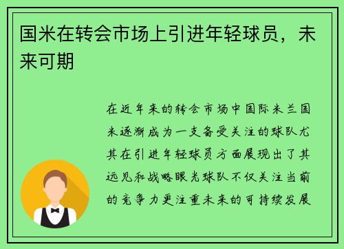 国米在转会市场上引进年轻球员，未来可期