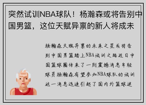 突然试训NBA球队！杨瀚森或将告别中国男篮，这位天赋异禀的新人将成未来之星