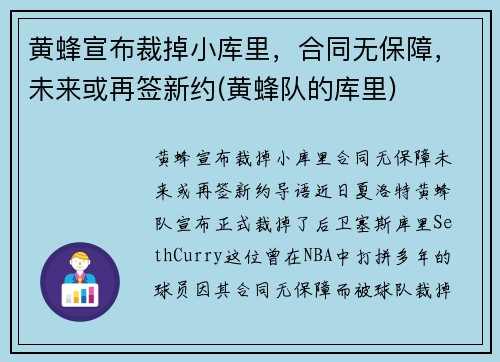 黄蜂宣布裁掉小库里，合同无保障，未来或再签新约(黄蜂队的库里)