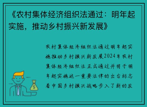 《农村集体经济组织法通过：明年起实施，推动乡村振兴新发展》